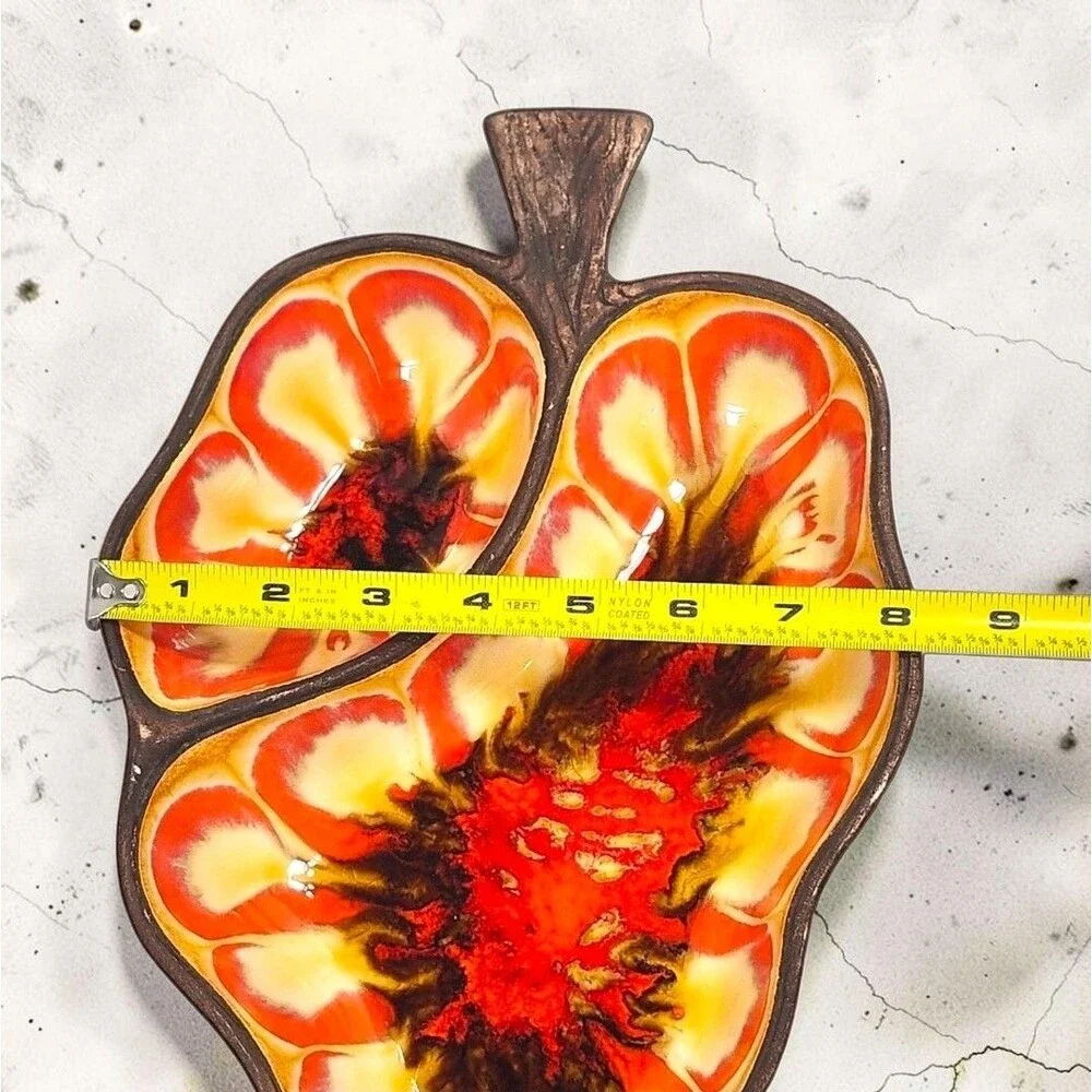 Vintage Treasure Craft 376 Leaf Chip & Dip Tray Orange Drip Glaze 1970s Decor